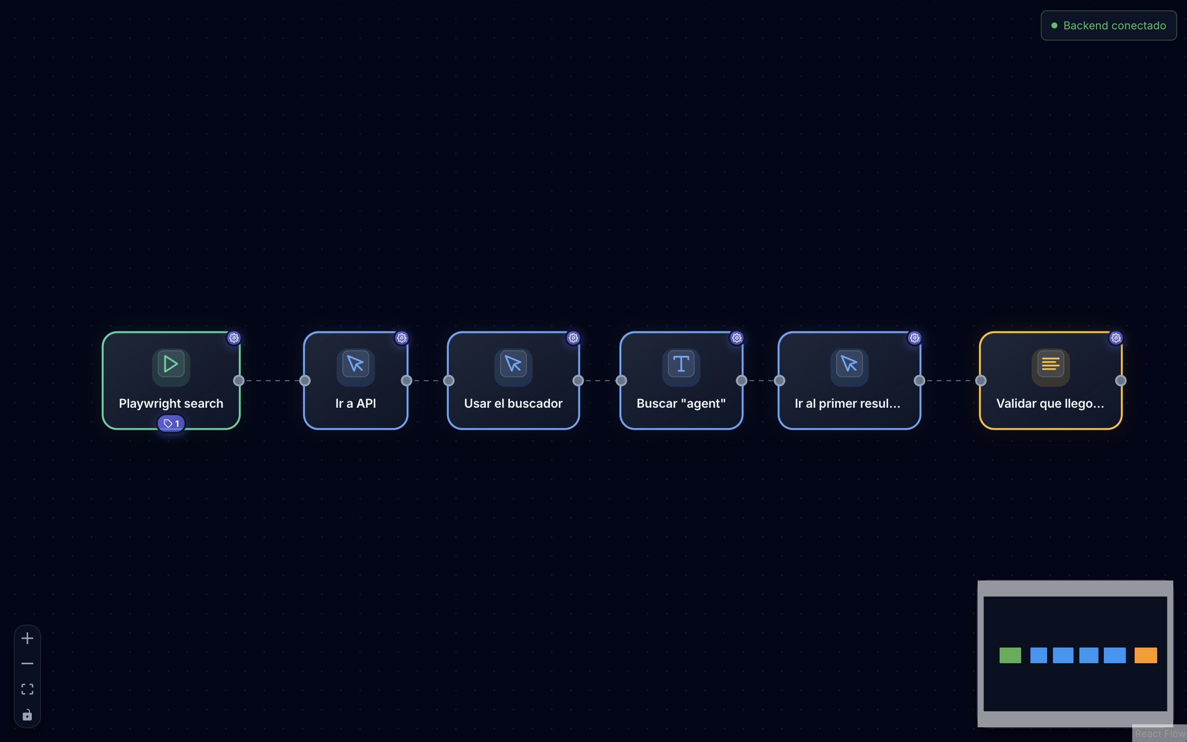Editor visual de QA Flow con nodos de acción conectados